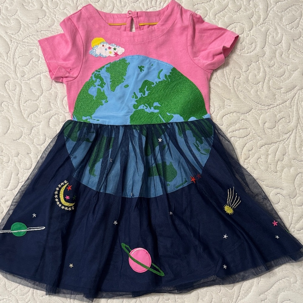 Mini Boden Girls Spring Earth Day Dress with Tulle and Embroidery Size 2/3